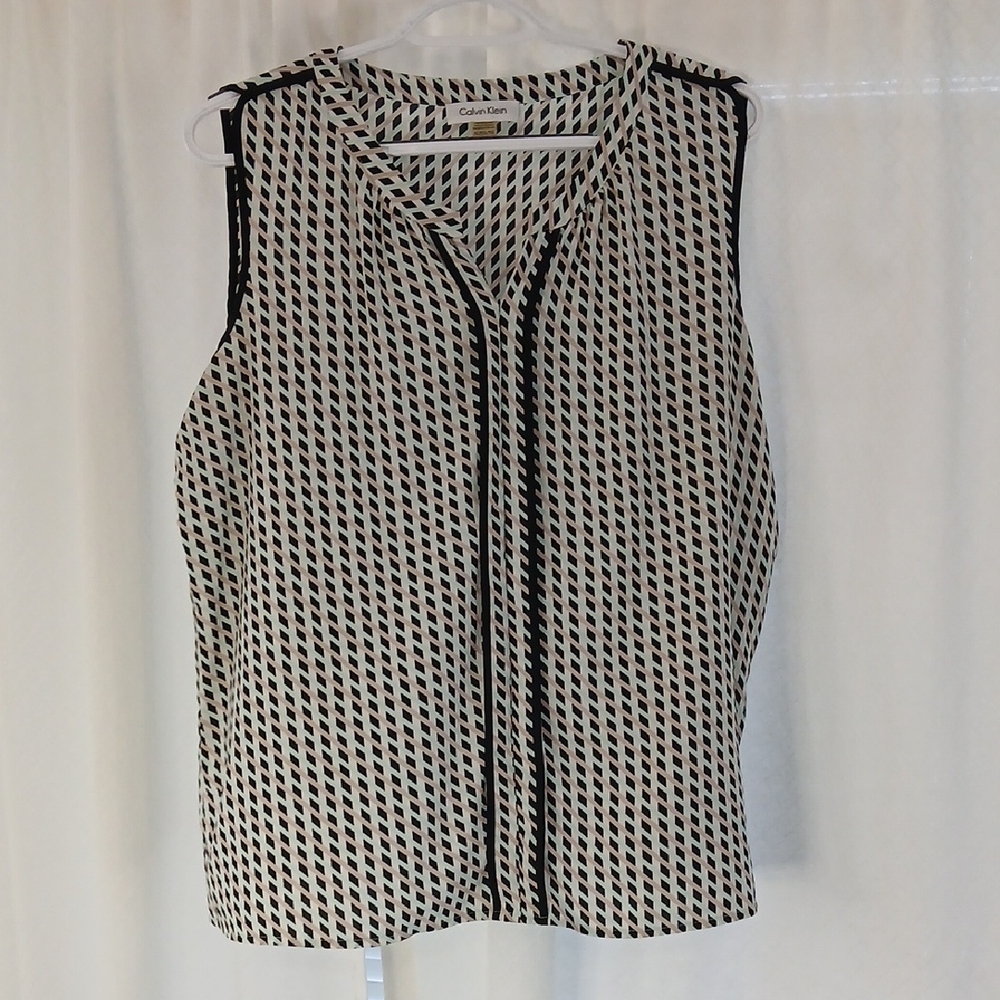 Calvin Klein Black, Mint, and White Patterned Sleeveless Shell